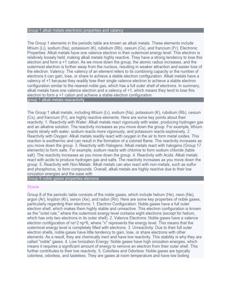 Group 1 Alkali Metals Electronic Properties and Valancy | PDF ...