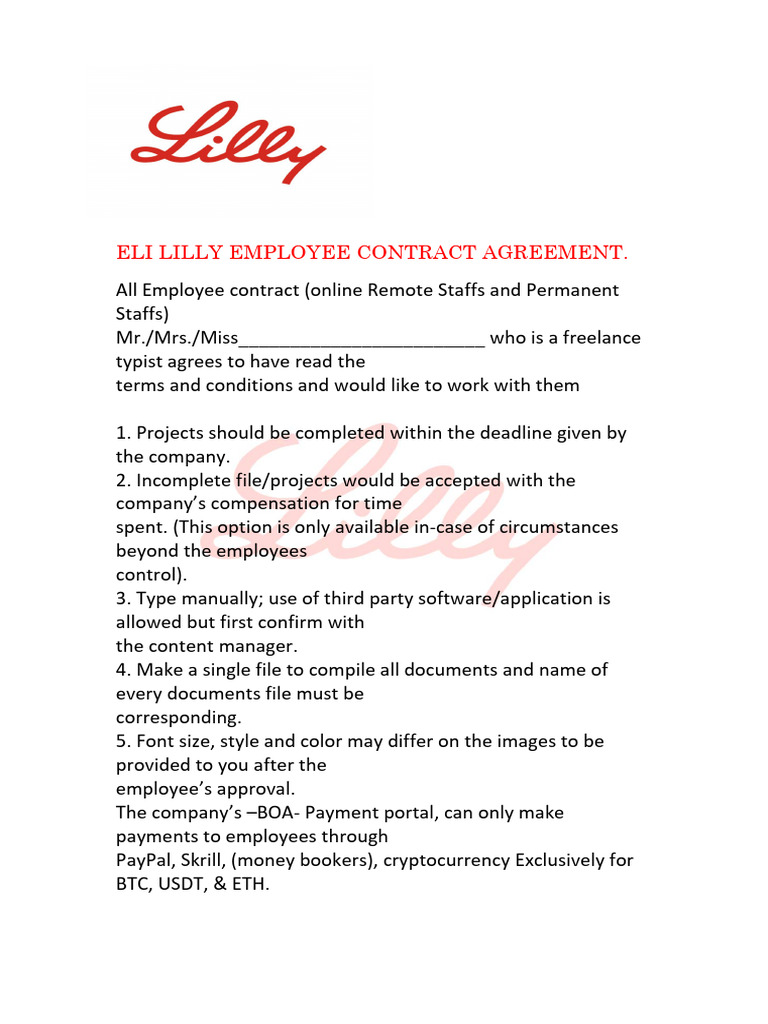 Eli Lilly Employee Contract Agreement PDF Employment Business