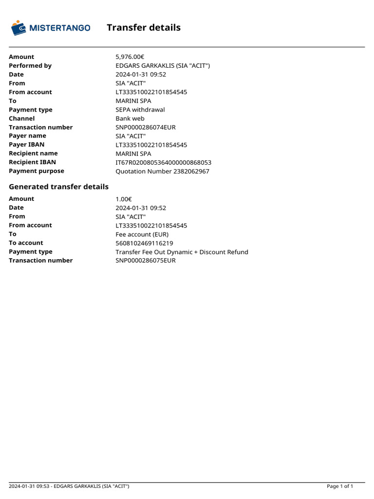 SEPA Transfer Details for SIA 