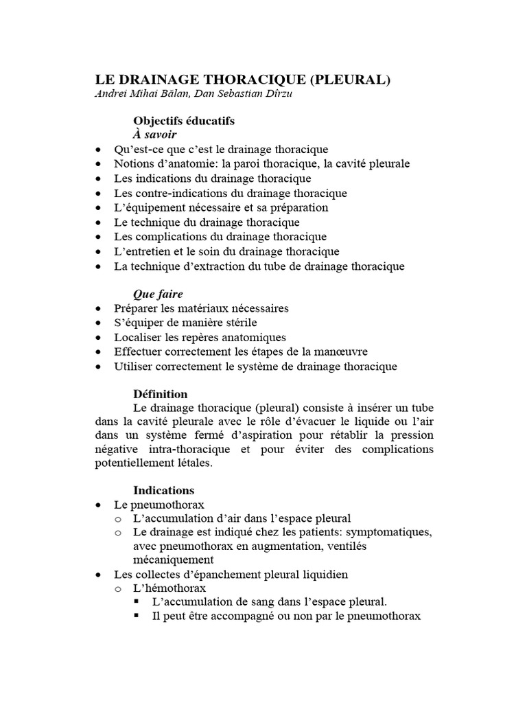 Drainage Thoracique : Indications et Technique | PDF | Spécialités ...