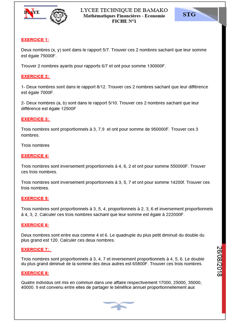 Exercices sur rapports et proportions | PDF | Mathématiques
