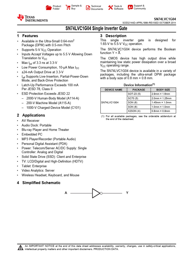 SN74LVC1G04 Inverter Gate Datasheet | PDF | Personal Digital Assistant ...