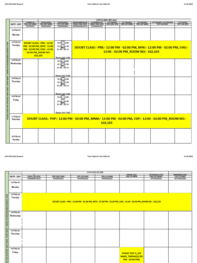 2023-24 Time Table Starting Feb 12 | PDF