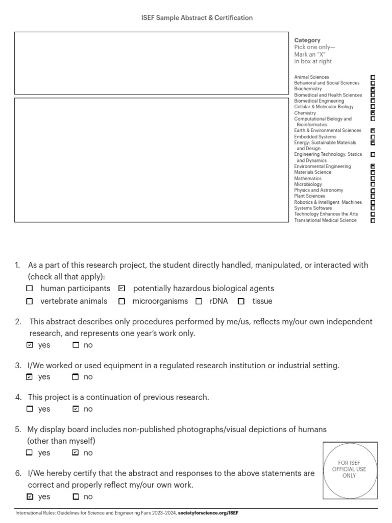 ISEF Sample Abstract & Certification: Pick One Only - Mark An 