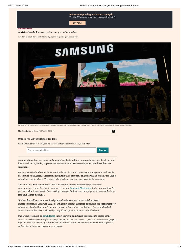 Activist Shareholders Target Samsung To Unlock Value Feb 2024 | PDF ...