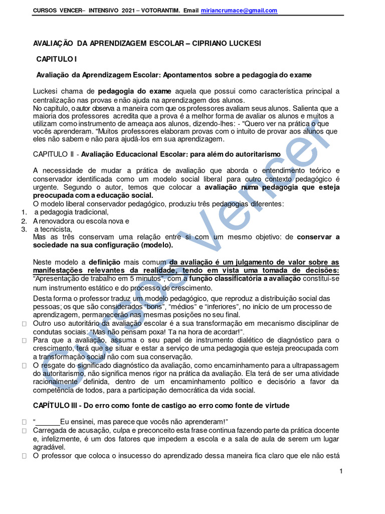 Avaliação da Aprendizagem segundo Luckesi | PDF | Aprendizado | Pedagogia