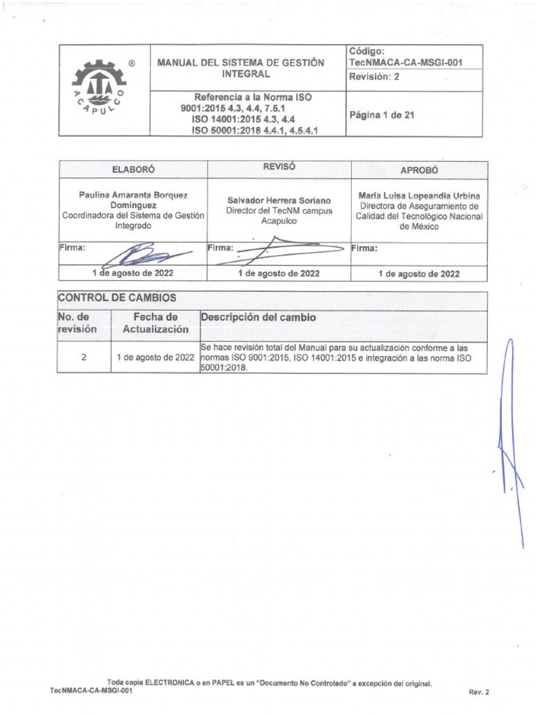 TecNMACA-CA-MSGI-001 - Manual Del Sistema de Gestion Integrado - Rev2 | PDF