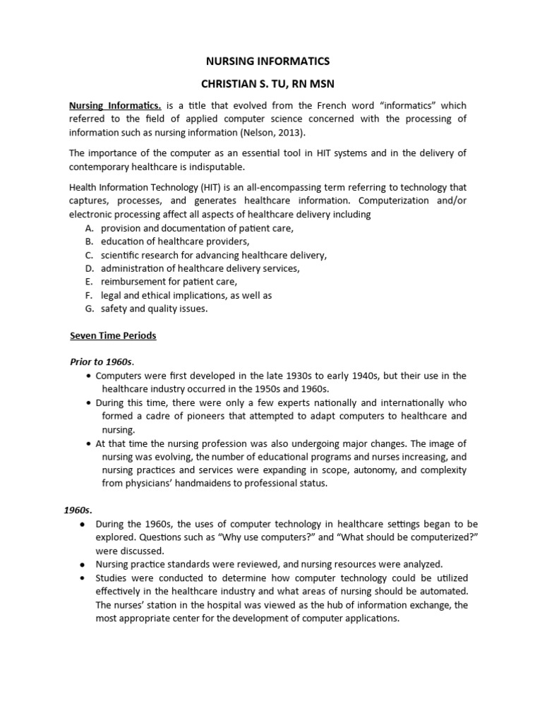 Evolution of Nursing Informatics History | PDF | Health Informatics ...