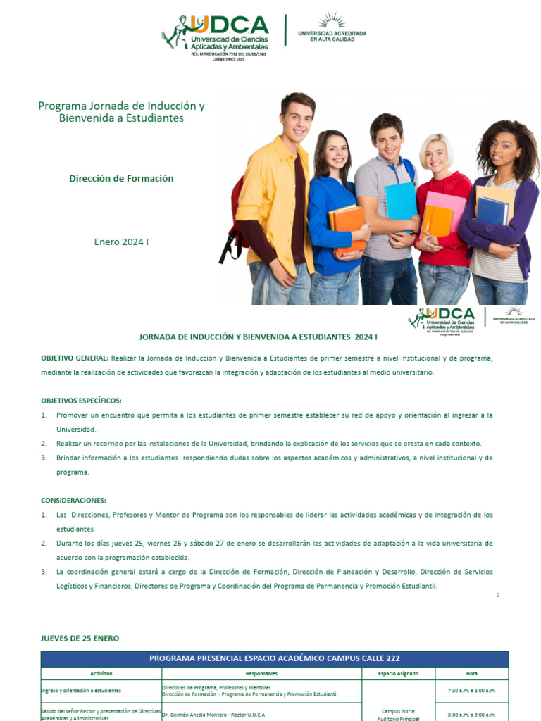 Programa Jornada de Induccion y Bienvenida A Estudiantes 2024 I 1 | PDF ...