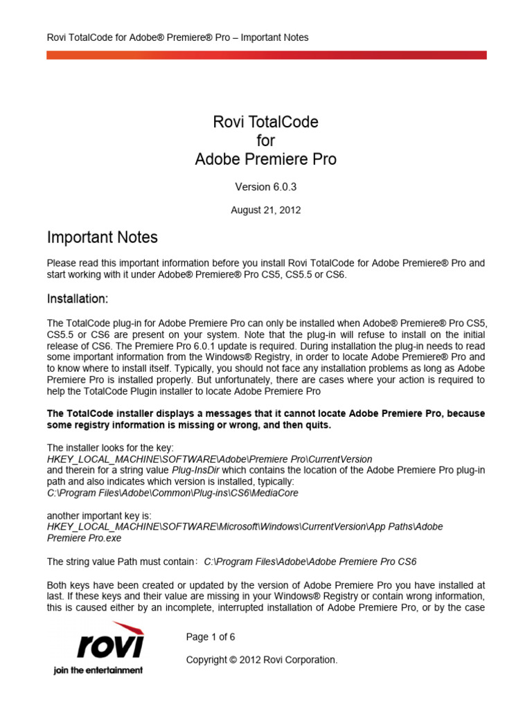 Rovi TotalCode For Adobe Premiere Pro - Important Notes | PDF | Adobe ...