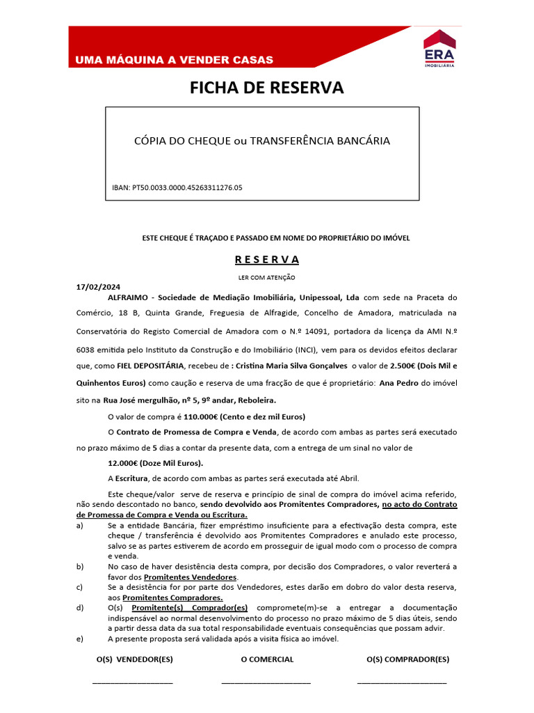 Ficha de Reserva de Imóvel | PDF | Cheque (banco)