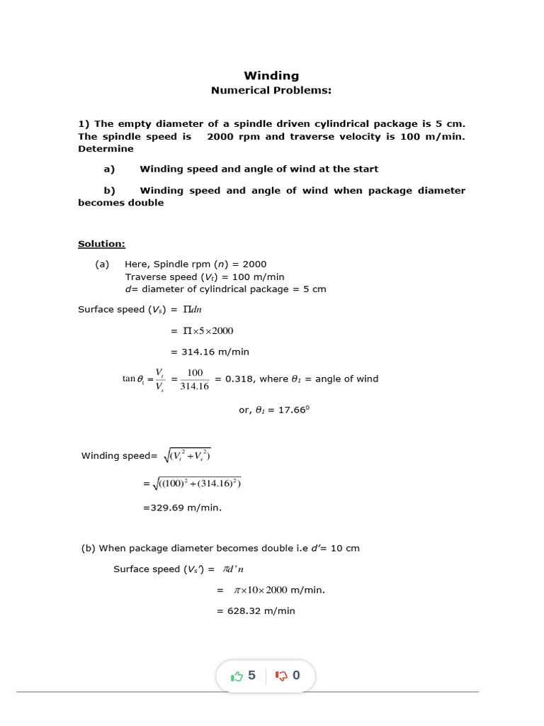 Winding Speed and Angle Calculations | PDF | Speed | Spindle (Textiles)