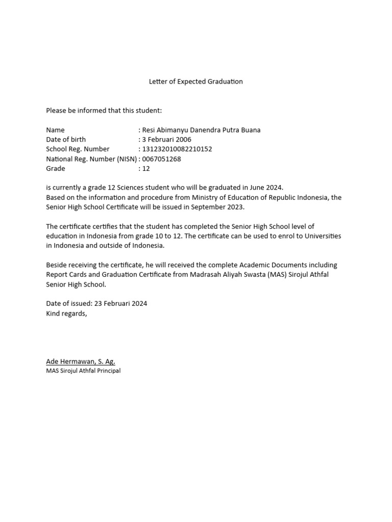Expected Graduation Letter for Resi Buana | PDF