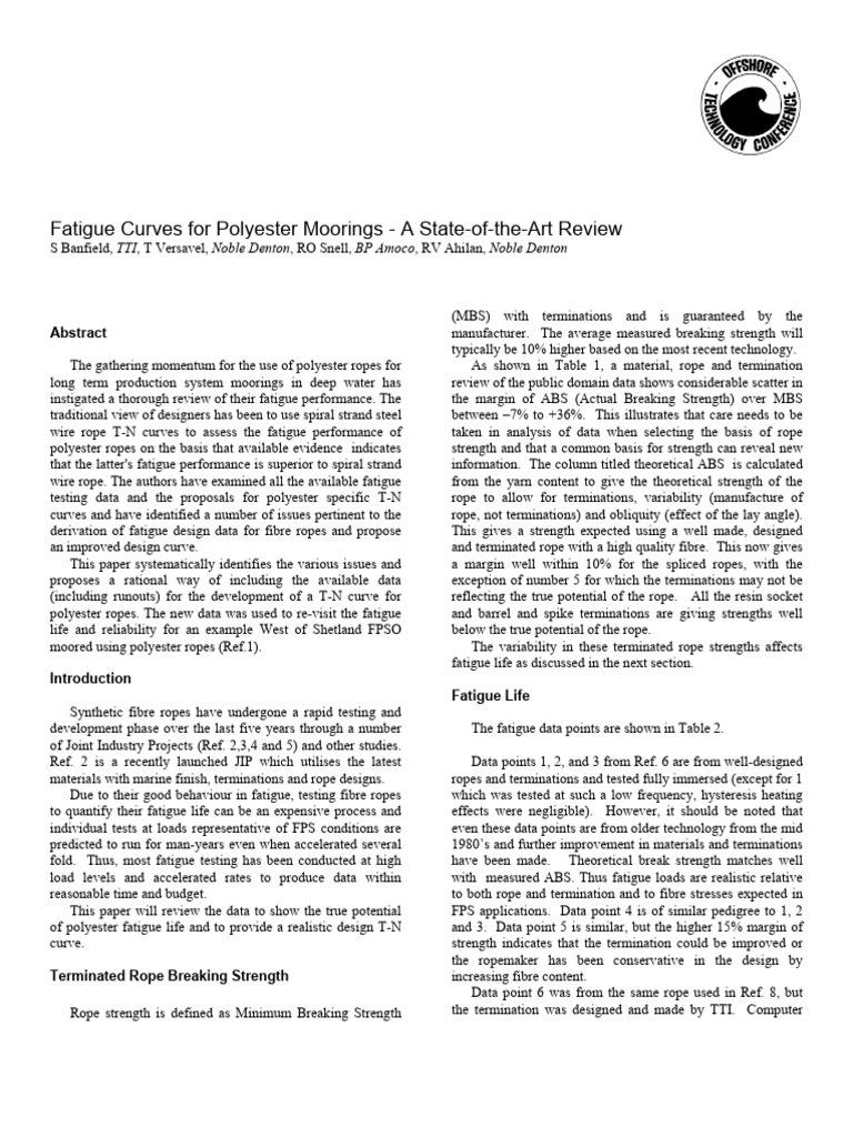 Fatigue Curves For Polyester Moorings | PDF | Rope | Fatigue (Material)