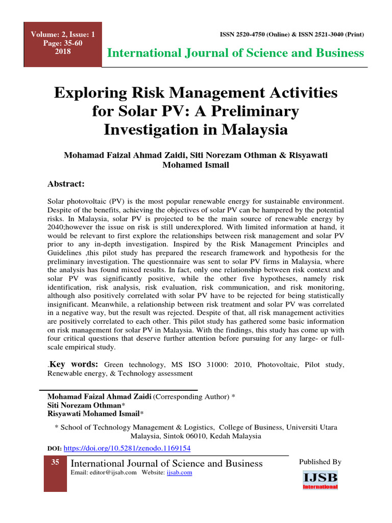 Solar PV Risk Management in Malaysia | PDF