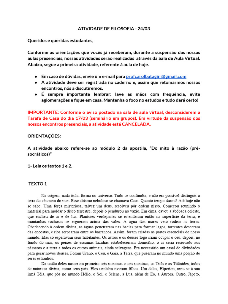 Atividade de Filosofia - 24 - 03 | PDF | Zeus | Mitologia grega
