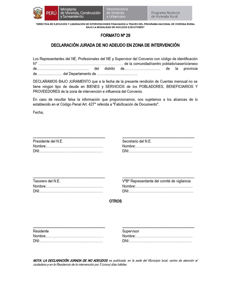 Formato Nº29 Declaracion Jurada de No Adeudo | PDF