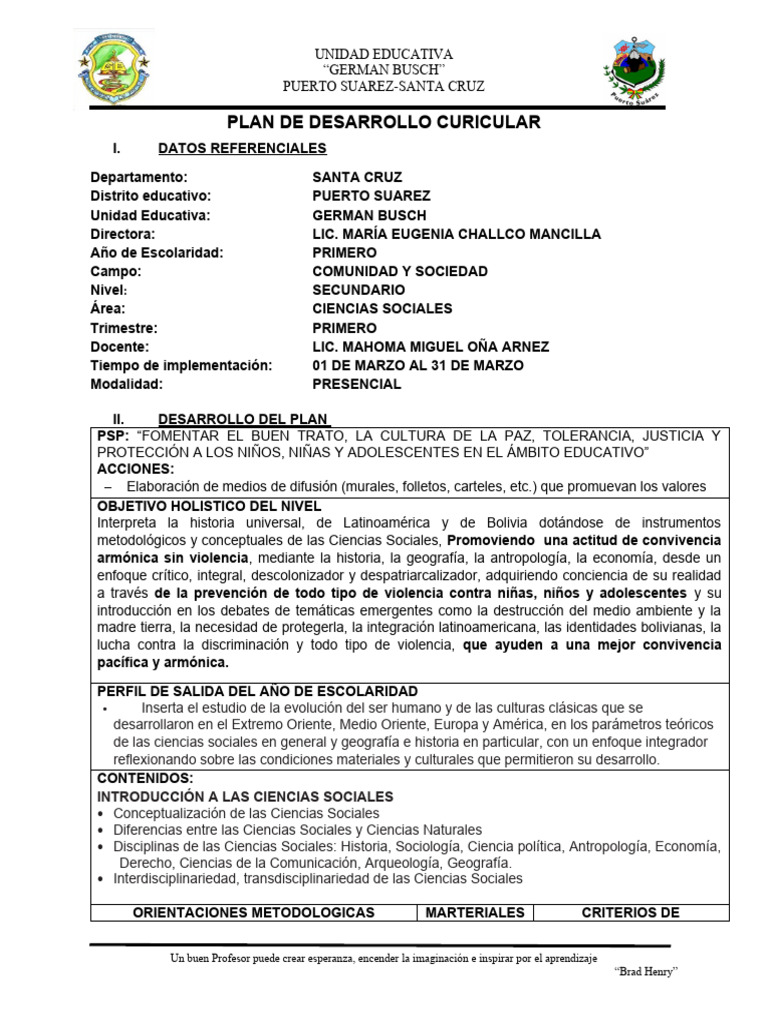 Modelo PDC 2023 Secundaria Primero Mahoma | PDF
