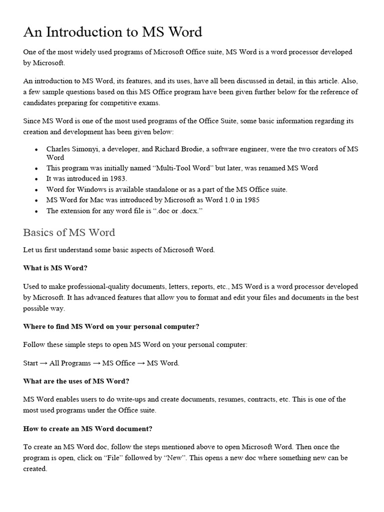 An introduction to ms word pdf microsoft word microsoft office