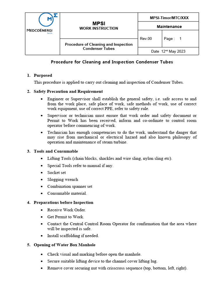 Condenser Tube Cleaning and Inspection Guide | PDF | Pipe (Fluid ...