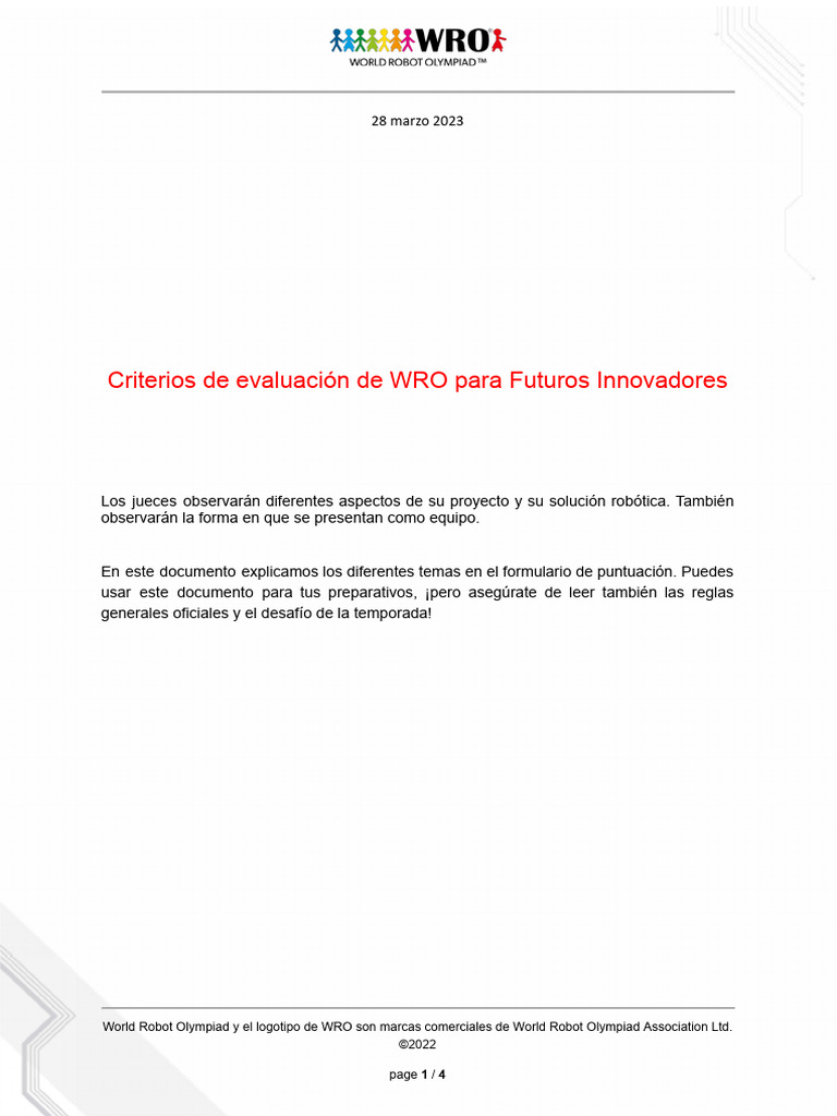 Criterios de Evaluacion de WRO para Futuros Innovadores WRO 2023 | PDF ...