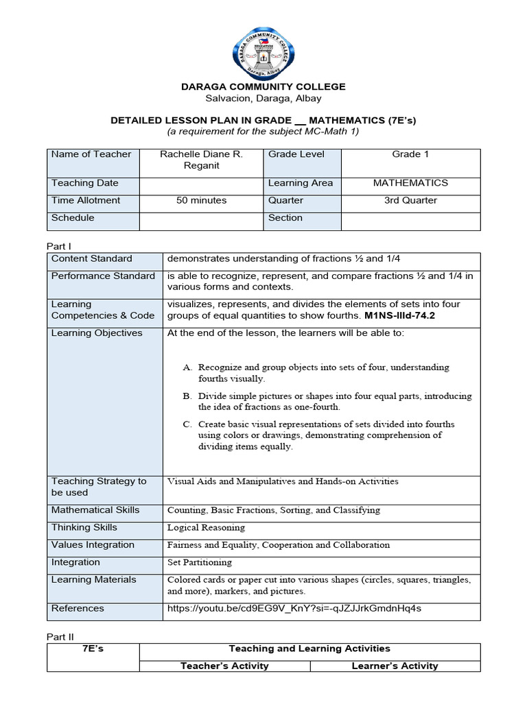 Grade 1 Math Lesson Plan on Fractions | PDF | Lesson Plan | Learning