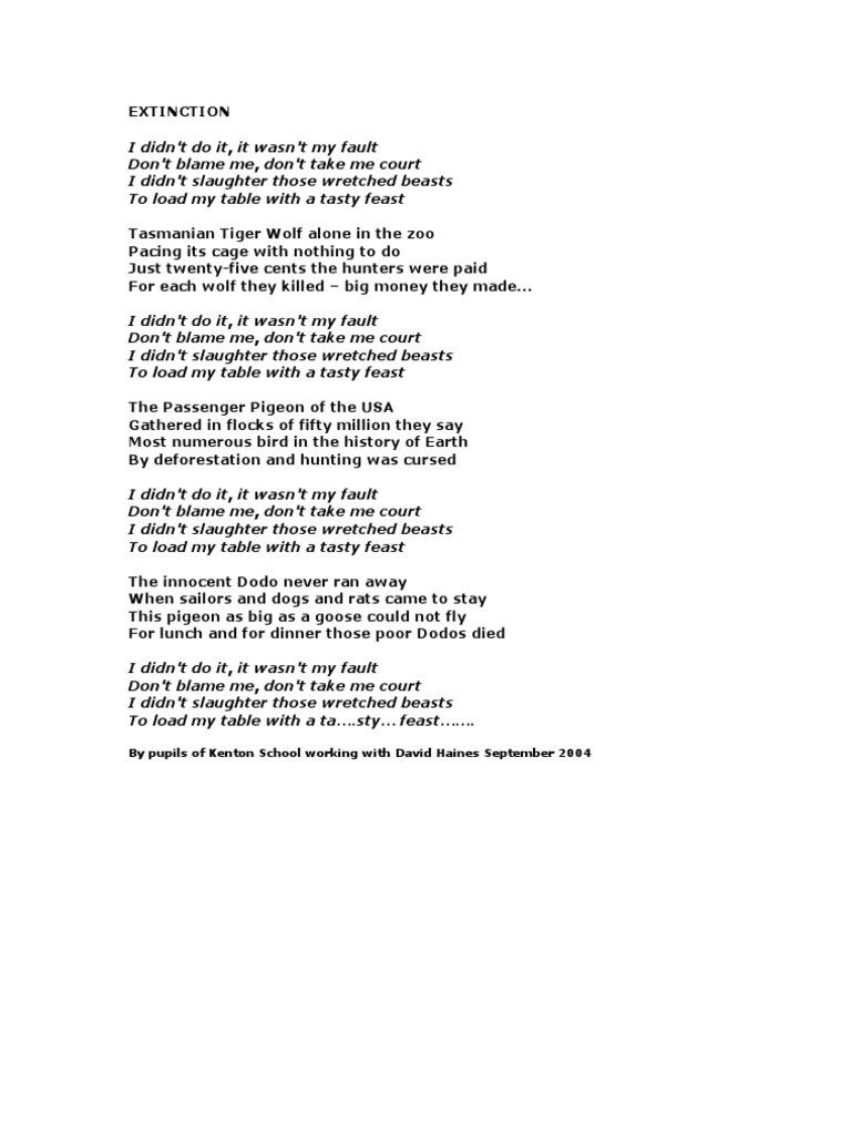 Poem on Animal Extinction Causes | PDF