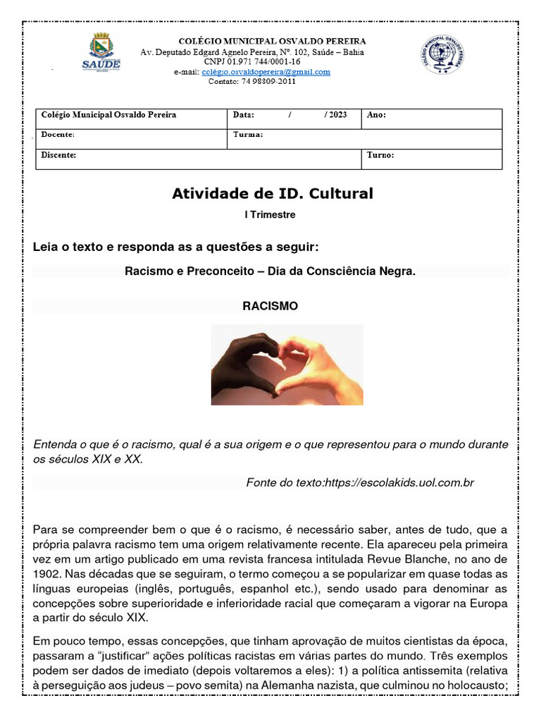 ATIVIDADE ID Cultural - Racismo e o Preconceito | PDF | Racismo ...