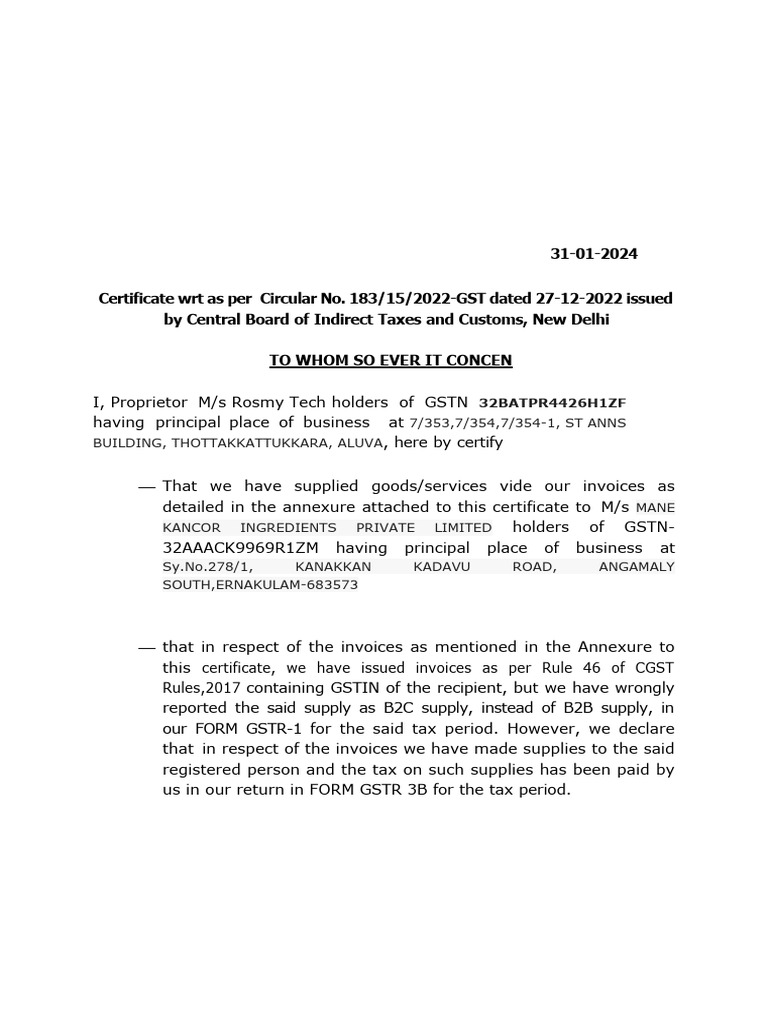 Certificate Format For Circular 183 Dated 27 12 2022 TW | PDF | Invoice ...