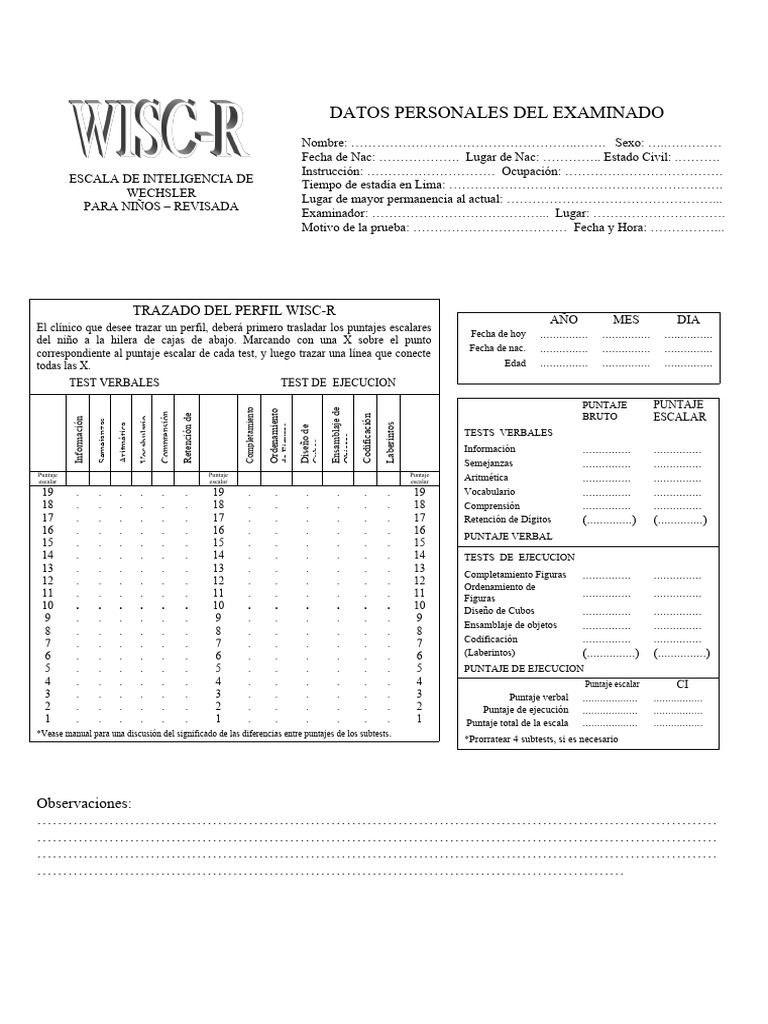 Perfil WISC-R para Evaluación Infantil | PDF | Aprendizaje | Terapia ...