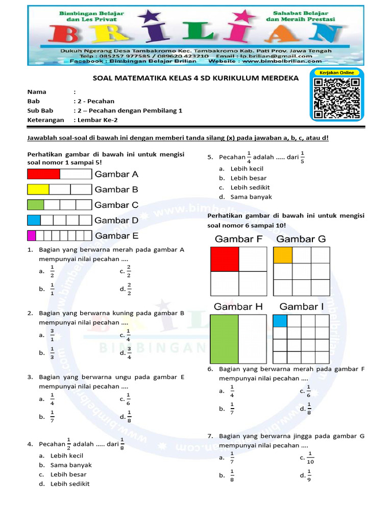 Soal Matematika Kelas 4 SD Bab 2 Pecahan Sub Bab 2 Pecahan Dengan ...