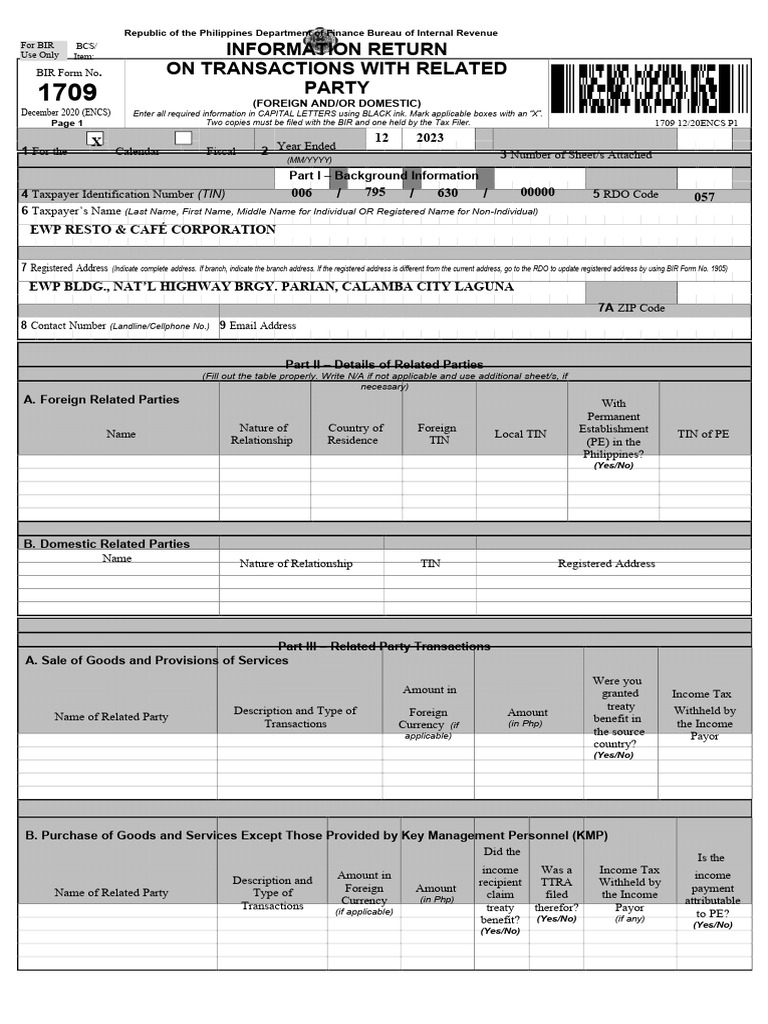 BIR Form 1709: Related Party Transactions | PDF | Payments | Business