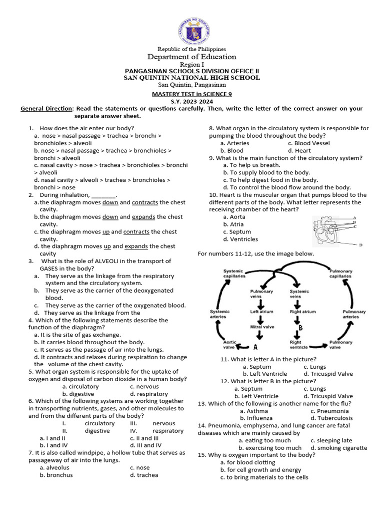 Sci 9 mastery test pdf dominance genetics respiratory system