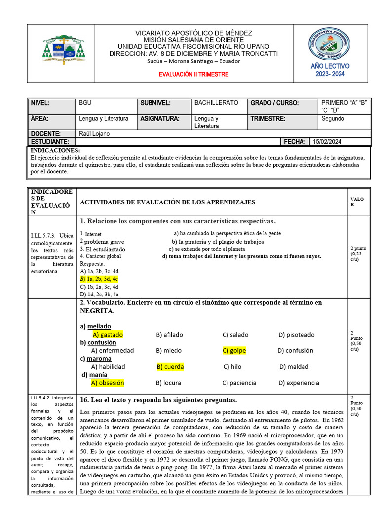 Evaluación de Lengua y Literatura 5to Grado | PDF