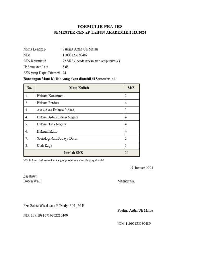 Formulir Pra-Irs | PDF
