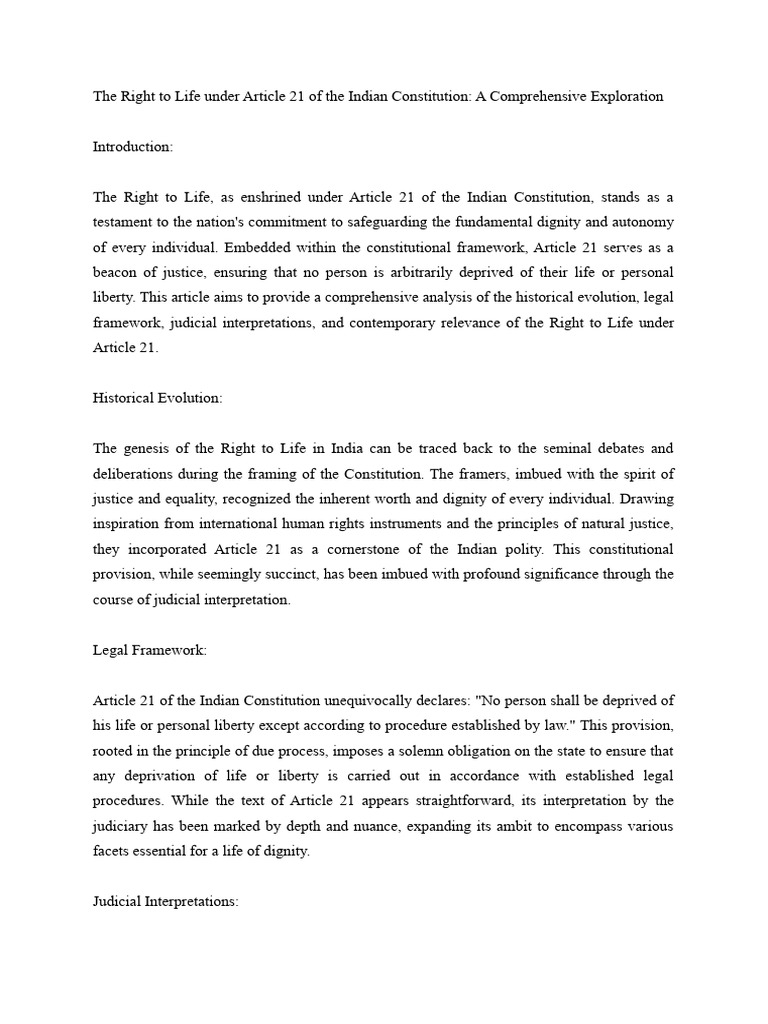 The Right to Life under Article 21 of the Indian Constitution PDF Right To Privacy