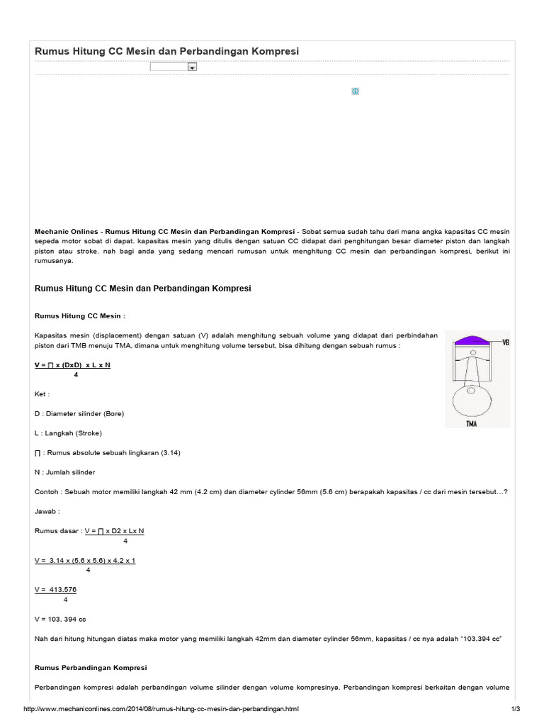 Rumus Hitung CC Mesin Dan Perbandingan Kompresipdf PDF Free | PDF