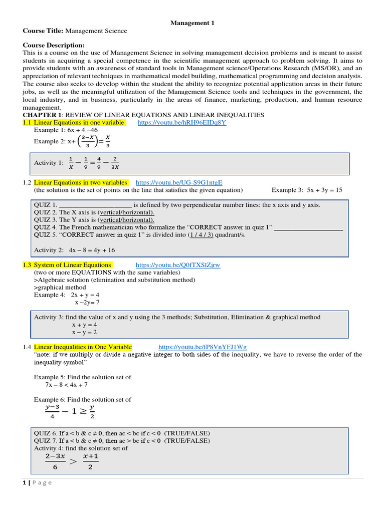 Management Science Course Overview | PDF | Linear Programming | Equations