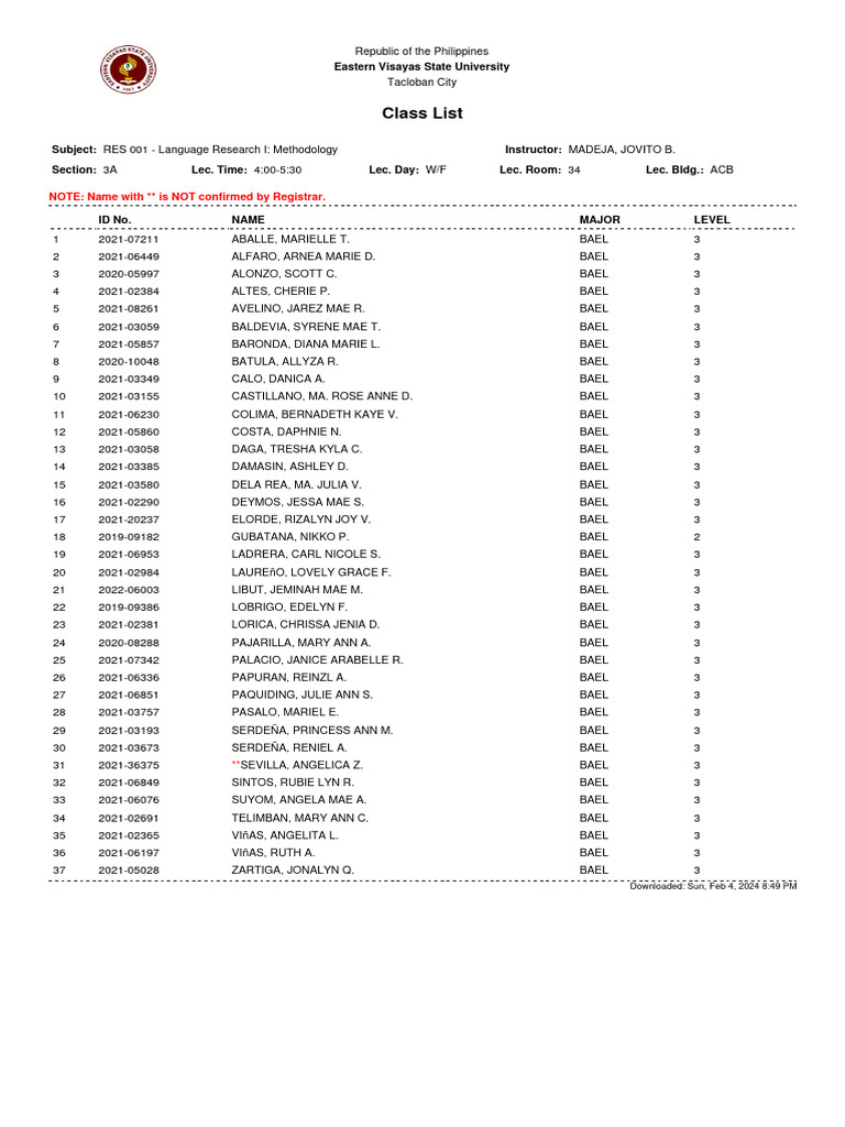 RES 001 3A For AY 2023 2024 SEM 2 Class List | PDF