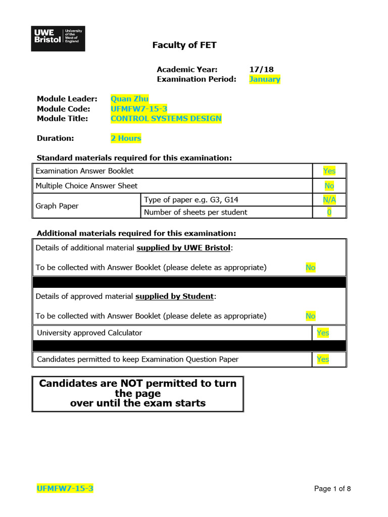 Control Systems Design Exam Paper | PDF | Control Theory | Laplace ...