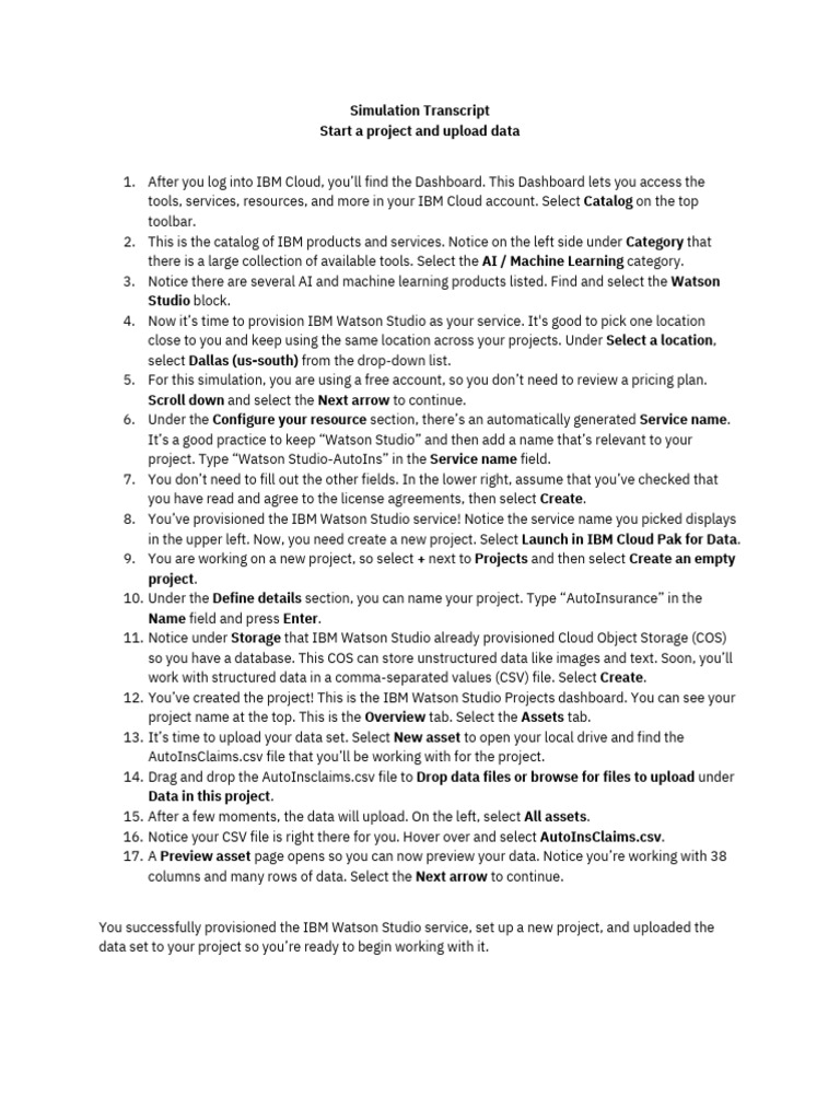 Start a project and upload data simulation transcript en pdf