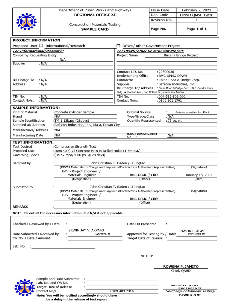 SAMPLE CARD 28daysxlsx | PDF | Concrete | Engineering