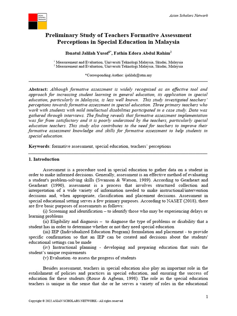 Preliminary Study of Teachers Formative Assessment Perceptions in ...