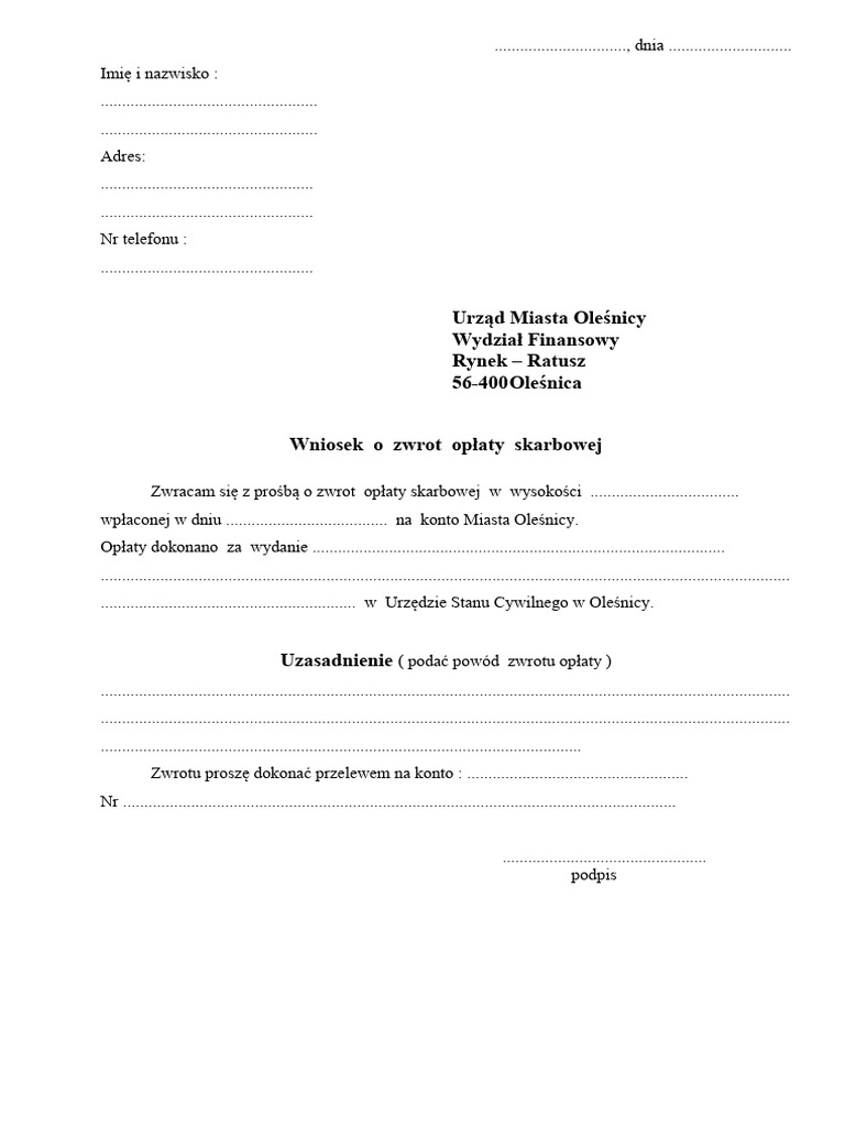 Wniosek o Zwrot Opłaty Skarbowej PDF