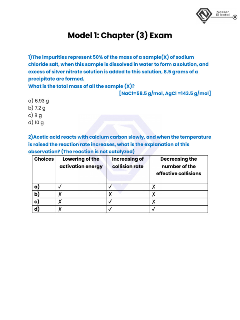 Chemistry Exam Questions and Solutions | PDF | Acid | Hydroxide