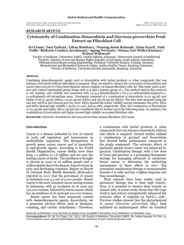 Cytotoxicity of Combination Doxorubicin and Garcin | PDF | Cytotoxicity ...