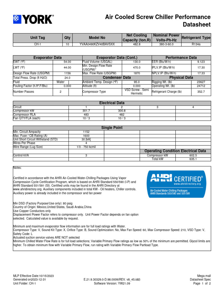YVAA Air-Cooled Chiller Performance Data | PDF | Mechanical Engineering ...