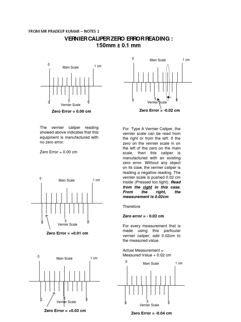Notes1 Vernier Caliper Negative Zero Error Scientific Observation