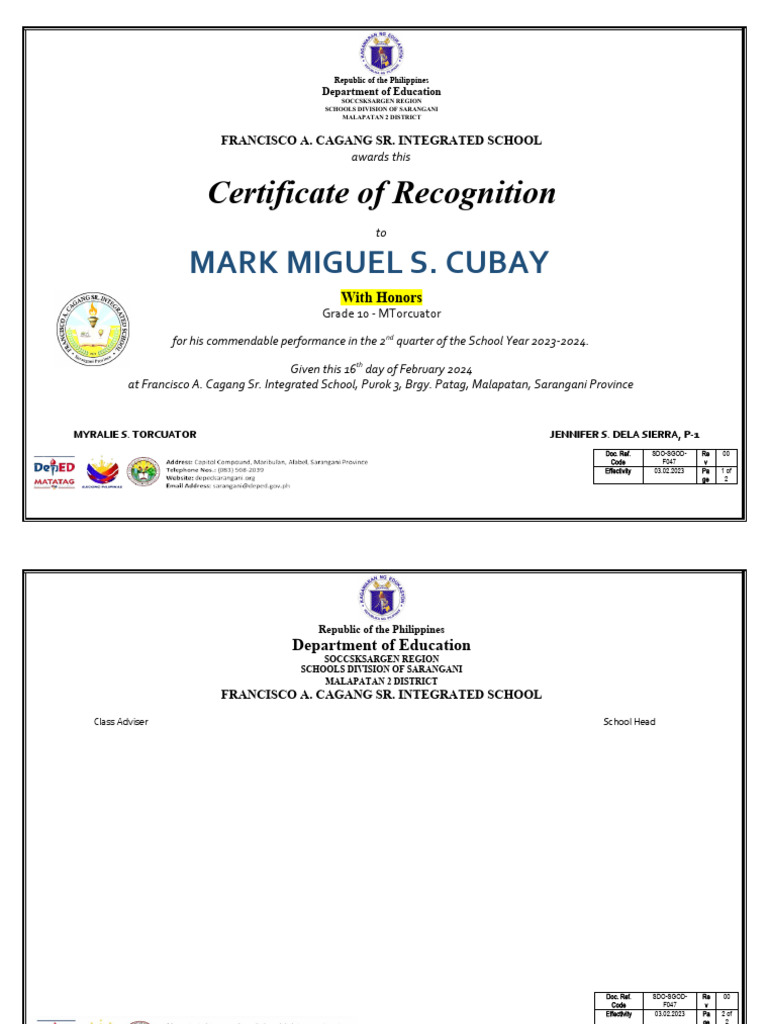Grade 10 Honor Card Award 2024 | PDF