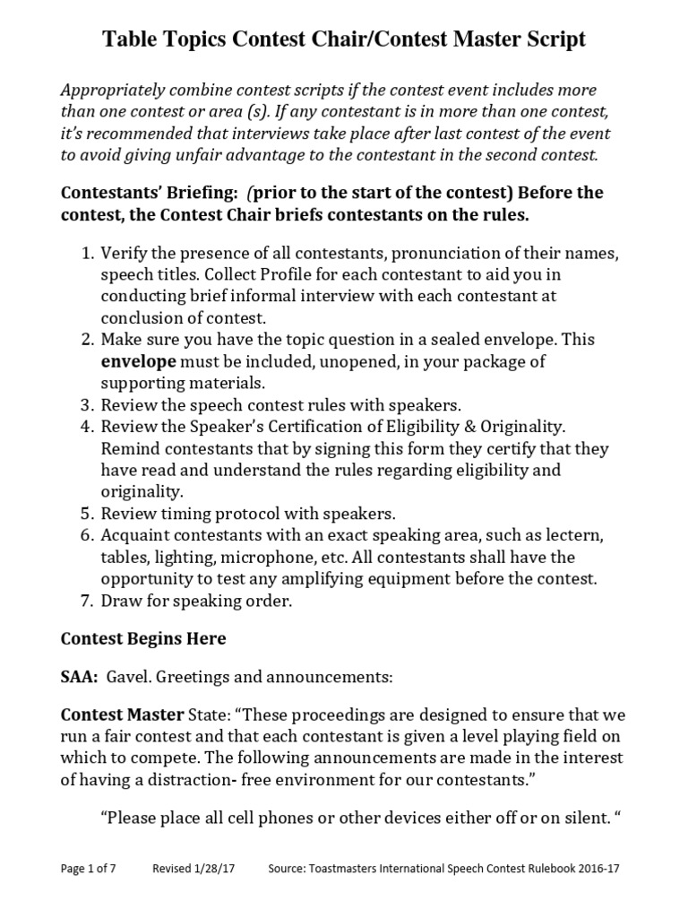 Table topics contest chair contest master script pdf